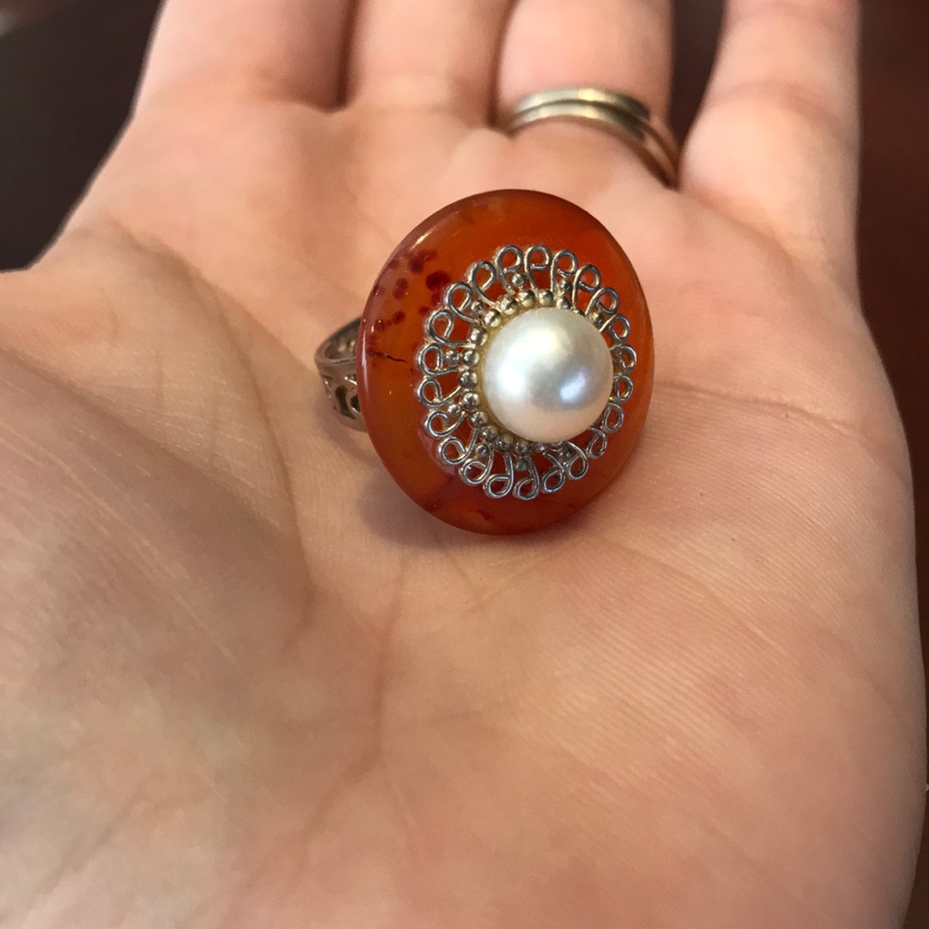 Qvc Sterling Carnelian Pearl Ring Size 7